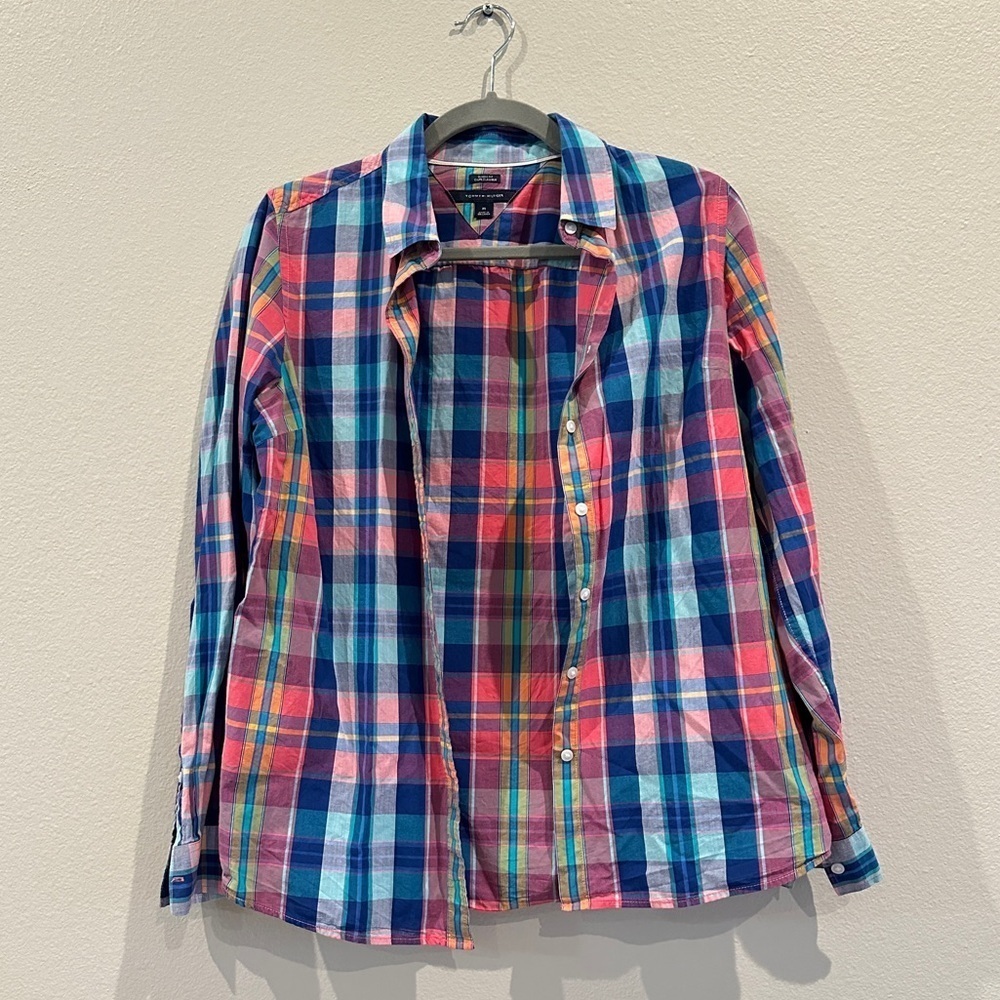 Tommy Hilfiger Women's Button Down Shirt Checked Print in Pink & Blue sz M